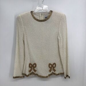 Vintage Leslie Fay Evenings Beaded 100% Bow Holiday Top Party Creme Size MP